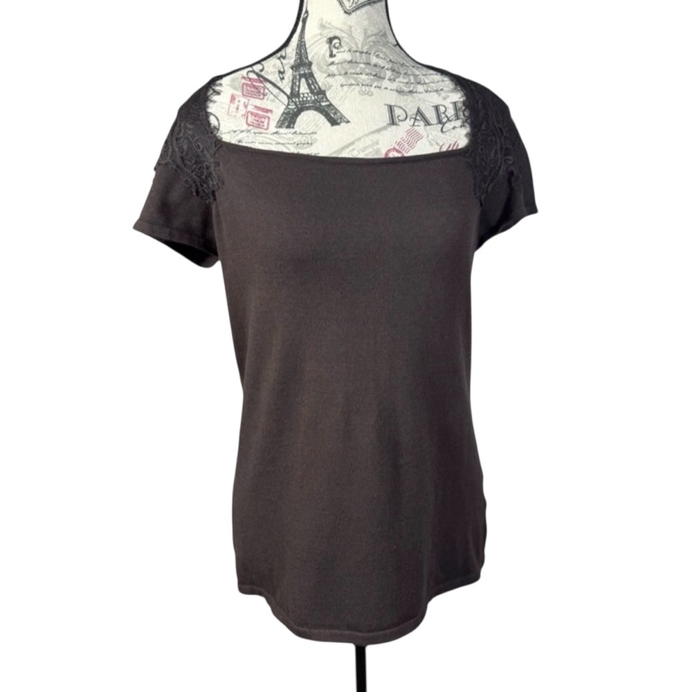 Alex Marie Brown Lace Trim Neckline Top Size M